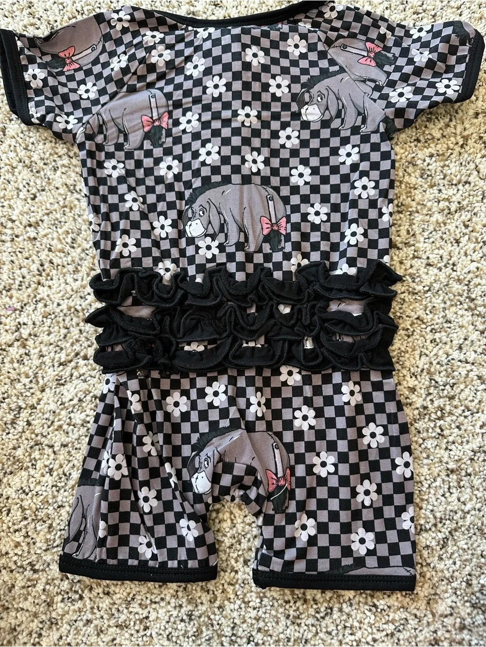 One-Piece Zip Bamboo Romper in Black & Gray Eeyore Print w/ Ruffle Butt